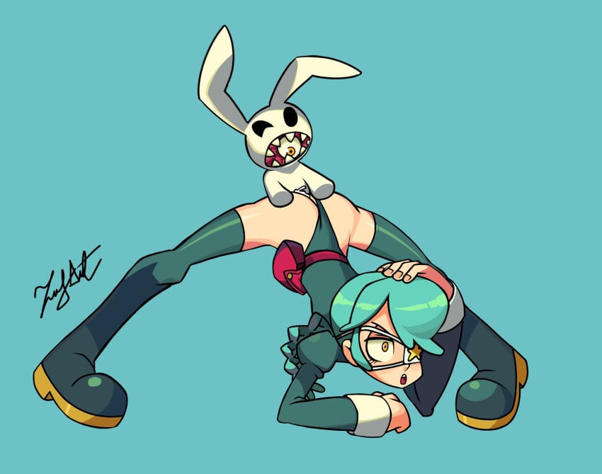 1boy 1girls annie_(skullgirls) ass clothed_sex cum cum_inside female jack-o_pose panties_aside sagan_(skullgirls) sex skullgirls