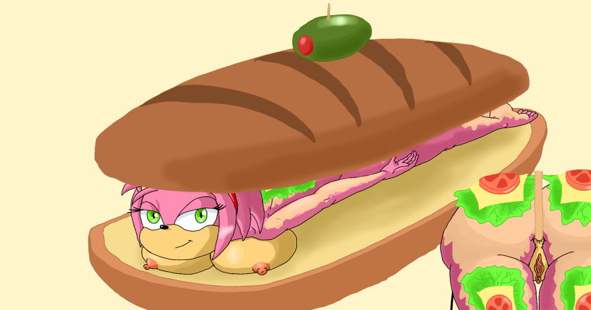 1girls amy_rose ass background bread bubble_ass bubble_butt buns butt butter cheese cookingart1986 female female_only food hedgehog inkbunny laying_down lettuce lying_down naked nude nude_female pink_fur pink_hair sandwich sandwiched sega sonic_(series) sonic_team sonic_the_hedgehog_(series) tomato yellow_background