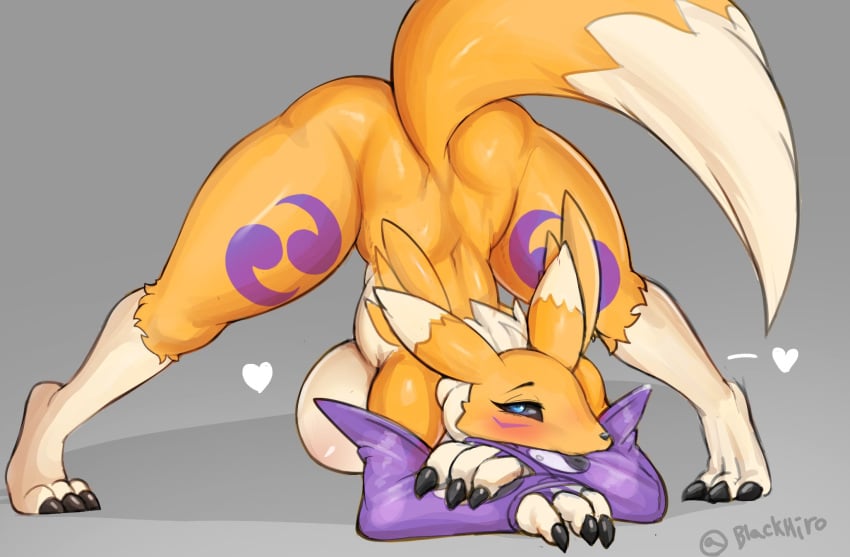 anthro ass_up bandai_namco big_breasts blackhiro76 breasts digimon digimon_(species) female fur grey_background heart hi_res jack-o'_crouch_pose jack-o_pose kyodashiro multicolored_body multicolored_fur renamon simple_background solo