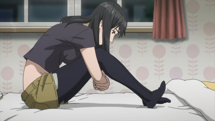 16:9_aspect_ratio bed bed_sheet bent_knees black_hair black_legwear female high_resolution indoors kimishima_kana kiseijuu knees_on_chest leg_hug long_hair looking_down on_bed pantyhose parasyte_the_maxim screen_capture screencap shorts side_view sitting tagme window