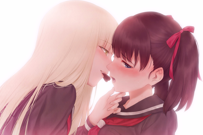 2girls 3:2_aspect_ratio :o asaba0327 bangs black_sailor_collar black_shirt blonde_hair blue_eyes blush brown_hair chin_in_hand chocolate chocolate_heart couple duo eyebrows_visible_through_hair female food golden_eyes green_eyes hainoki_kyo hair_ornament hair_ribbon half-closed_eyes hand_on_another's_chin heart high_resolution in_profile light_background lips long_hair looking_away looking_to_the_side mouth_hold multiple_girls neckerchief nose_blush open_mouth original parted_lips pink_ribbon pixiv_id_11078587 red_neckwear ribbon sailor_collar school_uniform serafuku sharing_food shirt short_twintails simple_background straight_hair sweets tied_hair twintails uniform upper_body valentine very_high_resolution white_background yellow_eyes yuri