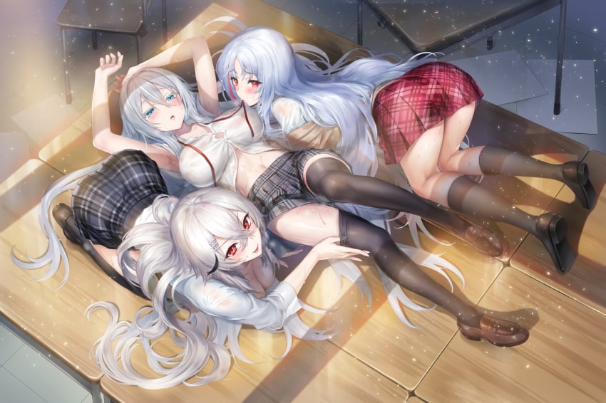 3:2_aspect_ratio 3girls arms_up azur_lane bangs black_legwear black_skirt blue_eyes blush breasts brown_cardigan brown_footwear cardigan come_hither eyebrows_visible_through_hair female gangut_(azur_lane) hair_between_eyes hair_ornament hairpin high_resolution hisashi_(nekoman) in_container jewelry large_breasts long_hair long_sleeves mouth_hold multicolored_hair multiple_girls navel off_shoulder official_art parted_bangs plaid plaid_skirt pulled_by_another red_eyes red_hair red_ribbon red_skirt ribbon ribbon_in_mouth shirt shoes short_sleeves silver_hair skirt sovetsky_soyuz_(azur_lane) stomach streaked_hair sweat take_your_pick tallinn_(azur_lane) thighhighs thighhighs_pull unbuttoned upscaled very_long_hair waifu2x white_shirt wooden_floor