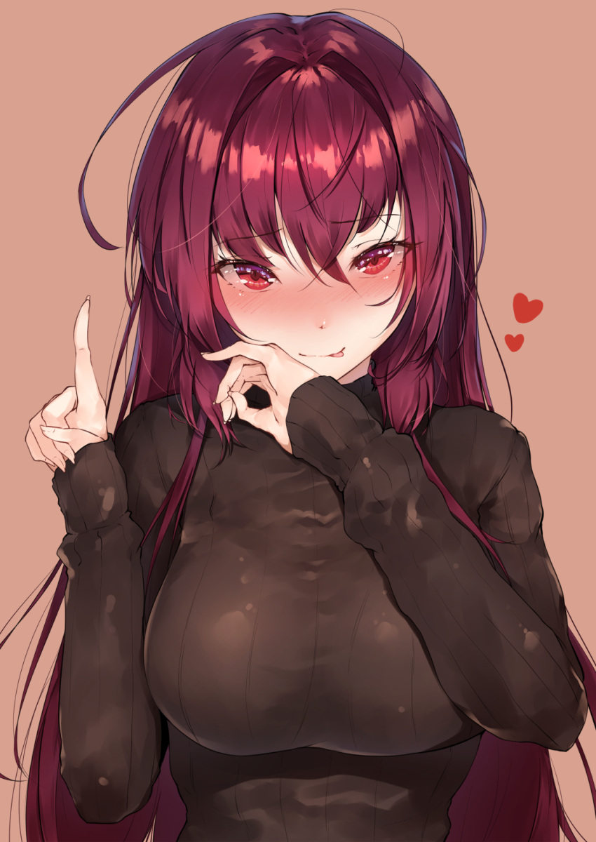 :p bangs black_outerwear black_sweater blush breasts eyebrows_visible_through_hair fate/grand_order fate_(series) fellatio_gesture female hair_between_eyes hair_intakes heart high_resolution hplay index_finger_raised lancer large_breasts long_hair long_sleeves looking_at_viewer pink_background pixiv_id_13244881 pointing pointing_up purple_hair red_eyes ribbed_sweater scathach_(fate) scathach_(lancer) simple_background sleeves_past_wrists smile solo sweater tagme tight_clothing tight_sweater tongue tongue_out turtleneck turtleneck_sweater upper_body