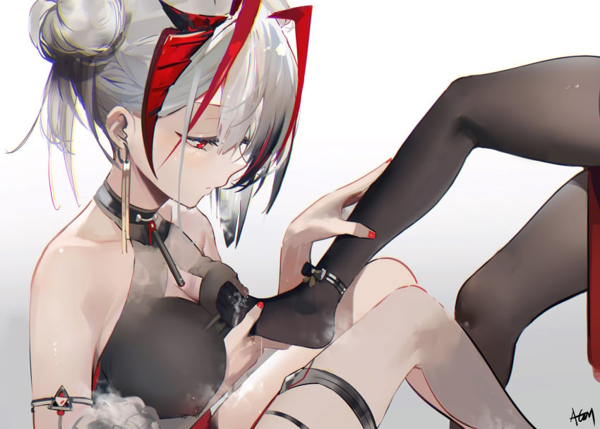 2girls arknights black_hair black_legwear black_pantyhose breasts cleavage cleavage_cutout closed_mouth clothing_cutout feet female grey_hair high_resolution large_breasts legs multicolored_hair multiple_girls nail_polish no_shoes omone_hokoma_agm pantyhose red_eyes red_hair red_nails streaked_hair thighhighs thighs w_(arknights) white_legwear white_thighhighs yuri