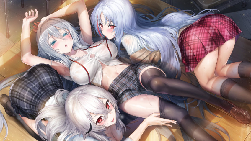 16:9_aspect_ratio 3girls arms_up azur_lane bangs black_legwear black_skirt blue_eyes blush breasts brown_cardigan brown_footwear cardigan eyebrows_visible_through_hair female gangut_(azur_lane) hair_between_eyes hair_ornament hairpin hisashi_(nekoman) in_container jewelry large_breasts long_hair long_sleeves mouth_hold multicolored_hair multiple_girls navel off_shoulder official_art parted_bangs plaid plaid_skirt pulled_by_another red_eyes red_hair red_ribbon red_skirt ribbon ribbon_in_mouth shirt shoes short_sleeves silver_hair skirt sovetsky_soyuz_(azur_lane) stomach streaked_hair sweat tagme tallinn_(azur_lane) thighhighs thighhighs_pull unbuttoned very_long_hair white_shirt wooden_floor