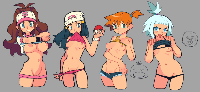 4girls areolae bad_censor beanie belly_button blue_eyes blue_hair blush blushing breasts breasts_exposed breasts_out brown_hair censored covering covering_crotch dawn_(pokemon) embarrassed exposed_breasts female female_only flashing game_freak ginger hat hilda_(pokemon) kasumi_(pokemon) large_breasts long_hair looking_at_viewer medium_breasts misty_(pokemon) multiple_girls nervous nintendo nipples orange_hair panties pants pants_down pink_panties pokeball pokemon pokemon_bw pokemon_bw2 pokemon_dppt pokemon_rgby ponytail red_hair redhead roxie_(pokemon) shirt shirt_lift shirt_up slammo small_breasts sweat sweating thighs tied_hair topwear undressing unzipped unzipped_pants white_hair yellow_topwear