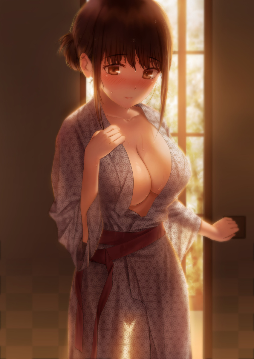 asaba0327 bangs bath_yukata bathrobe blush breasts brown_eyes brown_hair clavicle cleavage cowboy_shot embarrassed evening female female full-face_blush fusuma hair_bun high_resolution indoors kimono large_breasts looking_ahead looking_at_viewer looking_down no_bra nopan nose_blush obi open_clothes open_kimono original pixiv_id_11078587 ponytail pubic_hair robe sash see-through see-through_silhouette short_hair sidelocks sliding_doors solo standing sunlight sweat tagme tied_hair very_high_resolution wafuku water_drop water_droplets wet wet_body wet_hair wide_sleeves window yukata