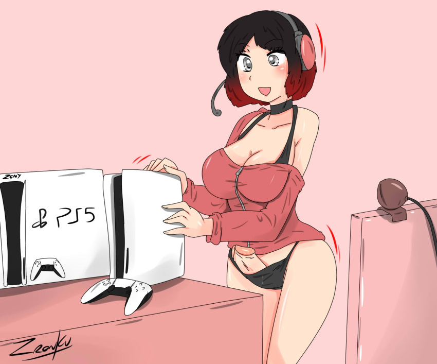 1futa alternate_universe big_penis breasts clothed clothing dick_slip erection exposed_penis futa_only futa_sans_balls futanari headphones human imminent_gaming light-skinned_futanari light_skin pale_skin partially_clothed penis playstation playstation_5 playstation_controller ps5 ps5_controller ruby_rose rwby solo standing streaming zronku