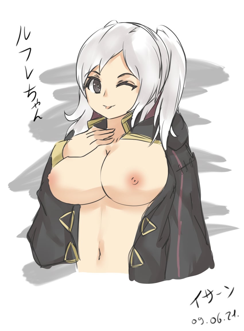 1girls 2021 ;p areolae black_eyes breasts coat ethan_ppj_(artist) fire_emblem fire_emblem_awakening grey_hair japanese_text large_breasts looking_at_viewer medium_breasts medium_hair naked_coat nintendo nipples one_eye_closed one_eye_open robin_(fire_emblem) robin_(fire_emblem)_(female) solo tongue tongue_out twintails video_games wink