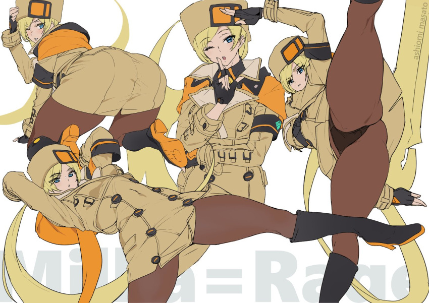 ashiomi_masato ass black_panties blonde_hair blue_eyes blush boots guilty_gear heel_boots heels high_kick kicking kneeling long_hair looking_back millia_rage multiple_poses panties panties_under_pantyhose pantyhose tagme thighs upskirt very_long_hair