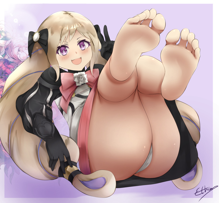 1girls alternate_version_available ass barefoot blonde_hair elise_(fire_emblem) ethan_ppj_(artist) feet fire_emblem fire_emblem_fates foot_fetish large_ass long_hair looking_at_viewer nintendo panties pantyshot purple_eyes smile solo toes twintails upskirt v very_long_hair white_panties