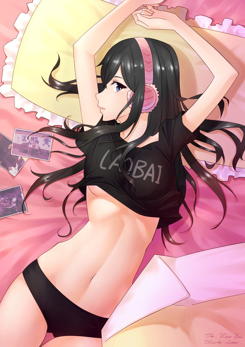 arms_up bed black_hair black_panties black_underwear blue_eyes breasts daye_bie_qia_lian earmuffs female frilled_pillow frills high_resolution kimishima_kana kiseijuu long_hair looking_at_viewer lying medium_breasts midriff navel on_back on_bed pantsu parasyte_the_maxim parted_lips photo_(object) pillow shirt solo t-shirt tagme underboob underwear very_high_resolution viewed_from_above