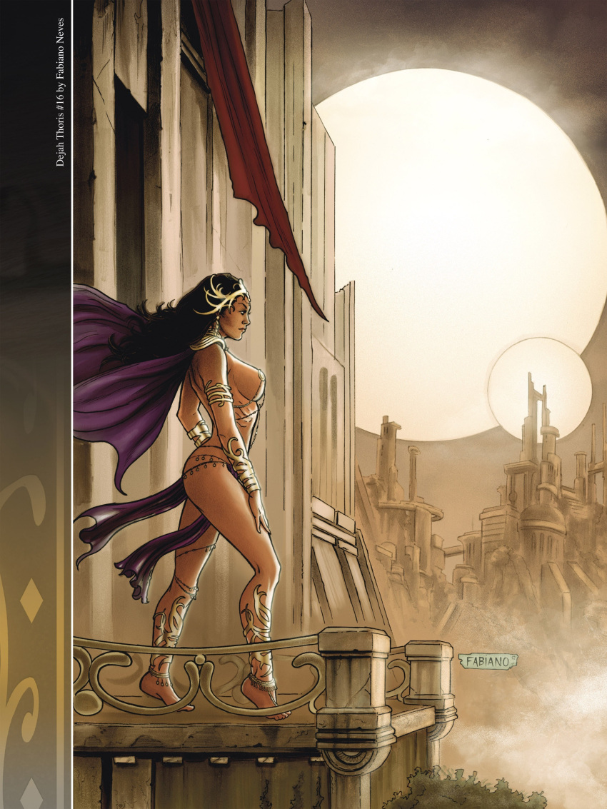 a_princess_of_mars armlet barefoot barsoom black_hair bracelet cityscape dejah_thoris fabiano_neves fit_female gold_pasties headdress john_carter_of_mars large_breasts legwear loincloth long_hair martian official_art pasties royalty shoulder_armor side_view