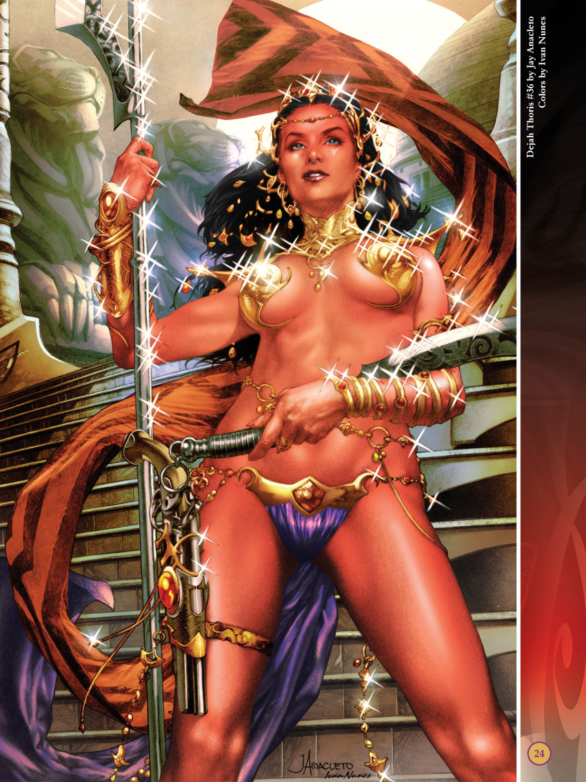 1girls a_princess_of_mars barsoom black_hair blue_eyes dejah_thoris fit_female gold_pasties gun gun_holster hair_jewelry hair_ornament holding_weapon ivan_nunes jay_anacleto jewelry john_carter_of_mars large_breasts loincloth martian official_art royalty underwear