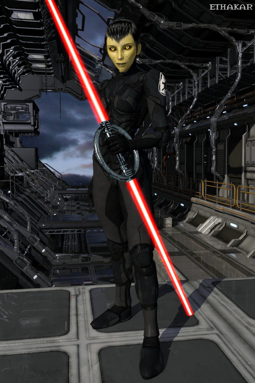 1girls black_hair clothed clothing ethakar female female_clothed female_focus female_only hi_res inquisitor inquisitor_(star_wars) lightsaber mirialan pose red_lightsaber seventh_sister smile solo_female star_wars star_wars_rebels watermark yellow_eyes