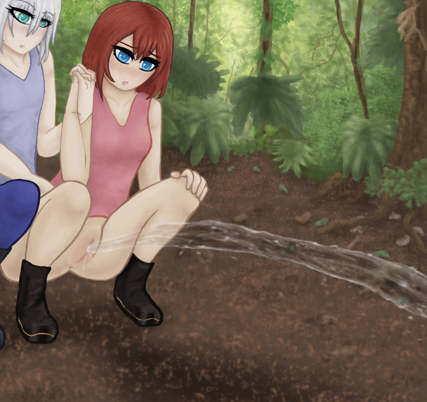 2girls blue_eyes bottomless clothing forest_background multiple_girls peeing power_pissing pussy quality_improvement red_hair squatting teal_eyes upscaled urine_stream