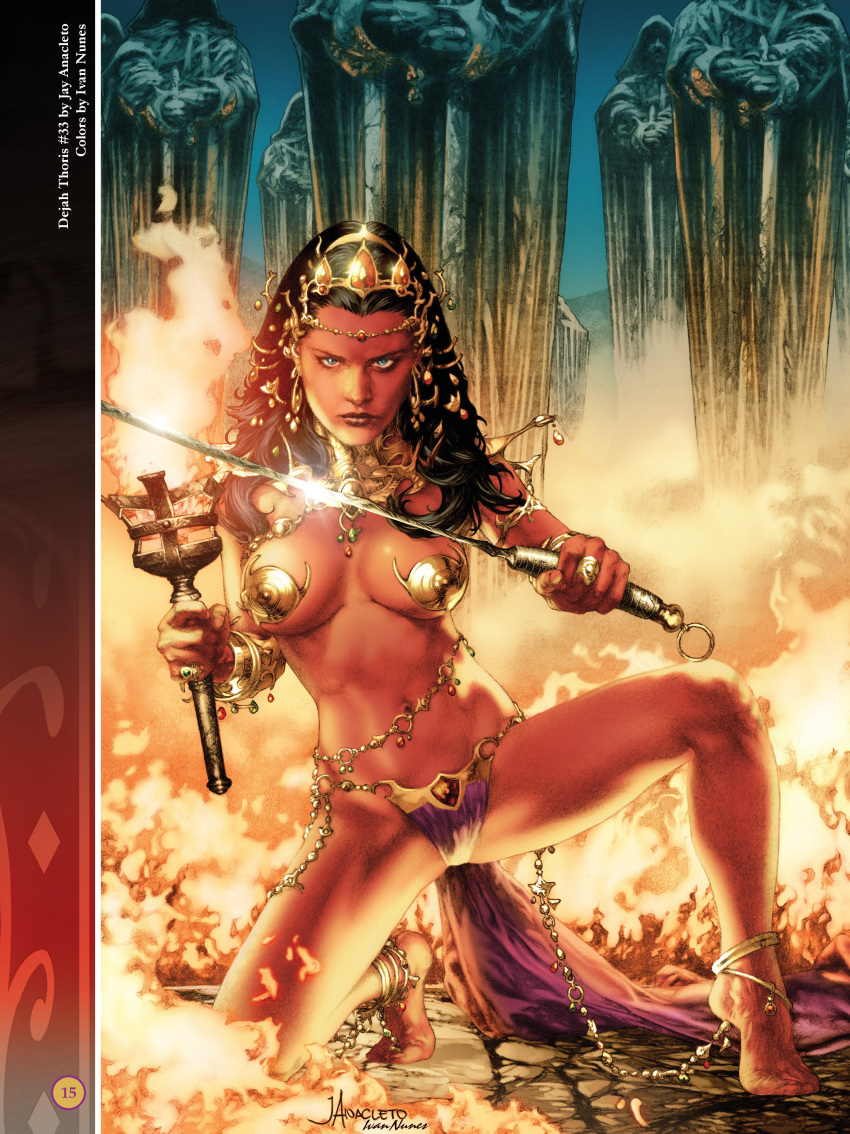 1girls a_princess_of_mars anklet barsoom belly_chain black_hair blue_eyes dejah_thoris female_only fire gold_chain gold_pasties holding_object holding_sword holding_weapon ivan_nunes jay_anacleto jewelry john_carter_of_mars large_breasts loincloth looking_at_viewer martian medium_breasts official_art royalty squatting torch underwear