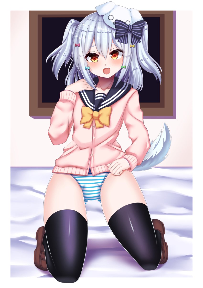 1boy blue_hair brown_eyes bulge crossdressing crossdressing_male dog_tail femboy inuyama_tamaki male male_only neelize noripro otoko_no_ko panties solo striped_panties thick_thighs thighhighs trap virtual_youtuber