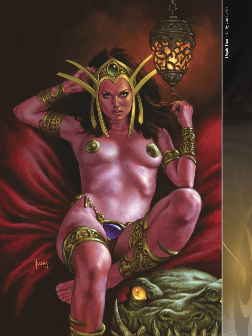 1girls a_princess_of_mars armlet barsoom bikini_bottom black_hair bracelet dejah_thoris fit_female gold_pasties headdress joe_jusko john_carter_of_mars legwear long_hair lying_on_back martian medium_breasts official_art royalty