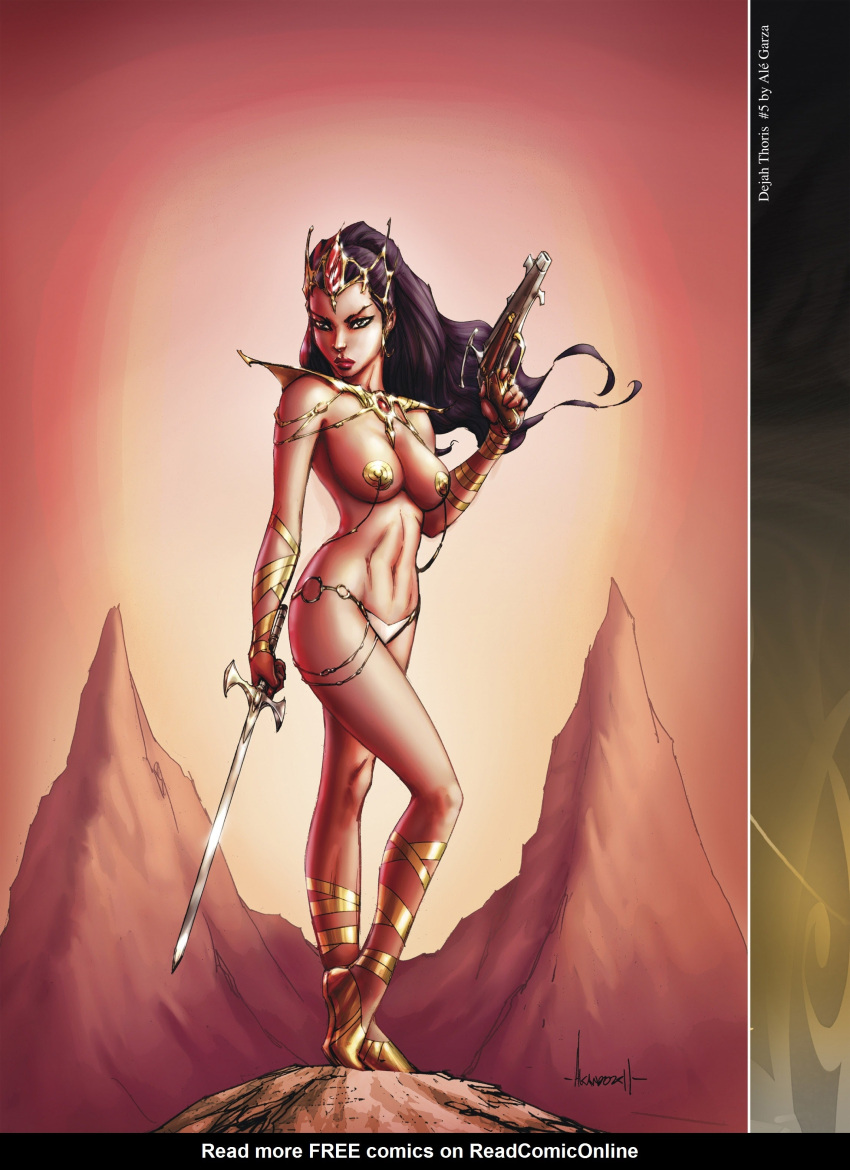 1girls a_princess_of_mars ale_garza barsoom bikini_bottom black_hair blue_eyes dejah_thoris gold_pasties gun headdress holding_gun holding_sword holding_weapon john_carter_of_mars large_breasts long_hair martian mountain official_art pasties royalty shoes sword