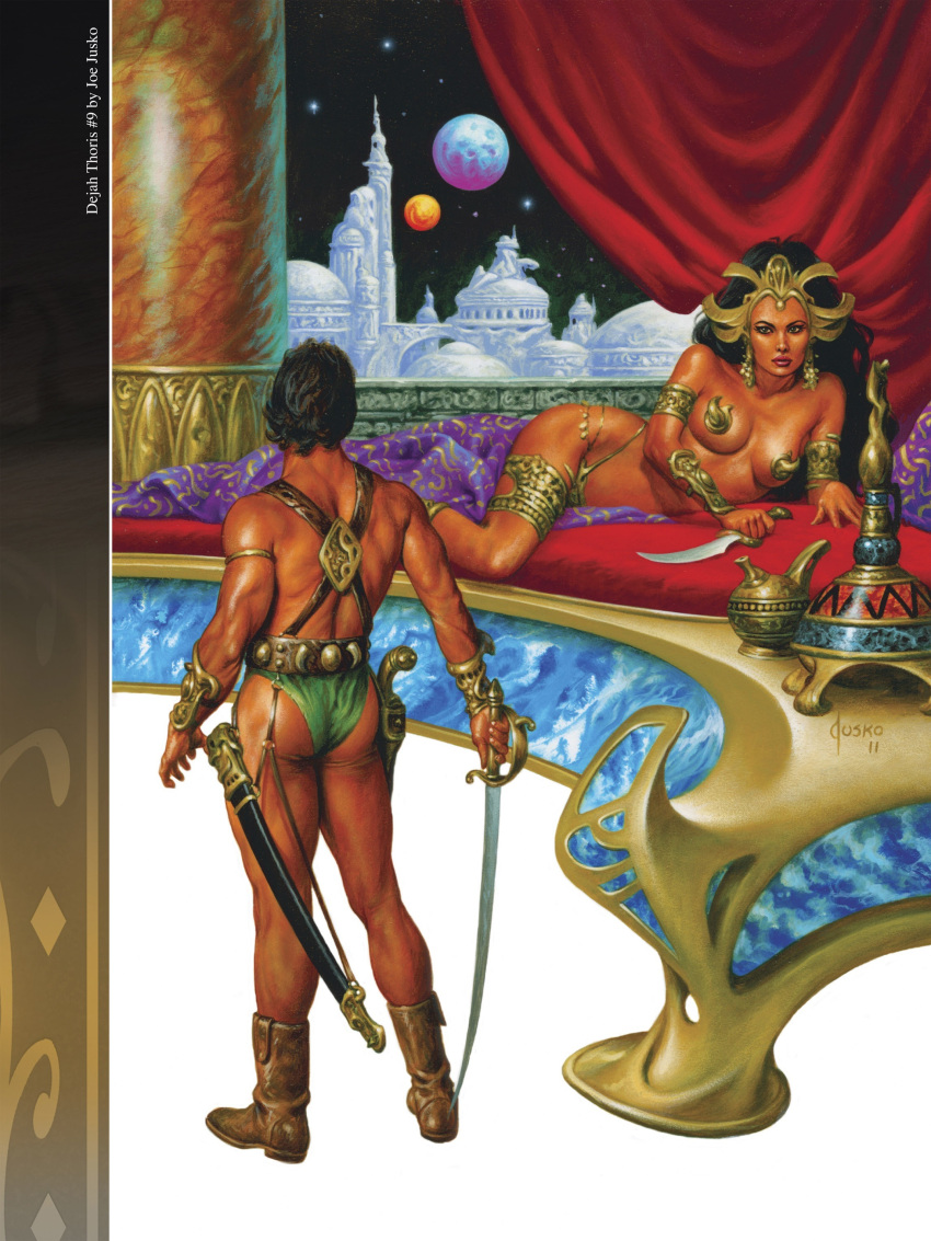 1boy 1boy1girl 1girls a_princess_of_mars armlet barsoom bedroom black_hair bracelet canon_couple dejah_thoris gold_pasties green_eyes headdress holding_sword holding_weapon joe_jusko john_carter john_carter_of_mars long_hair lying_on_side martian official_art royalty