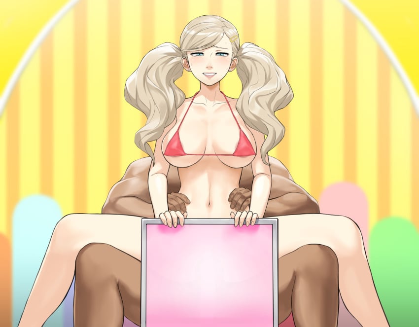 akizora ann_takamaki bikini blush cheating covering dark-skinned_male dark_skin game_show male persona persona_5 riding single_girl smile smiling_at_viewer