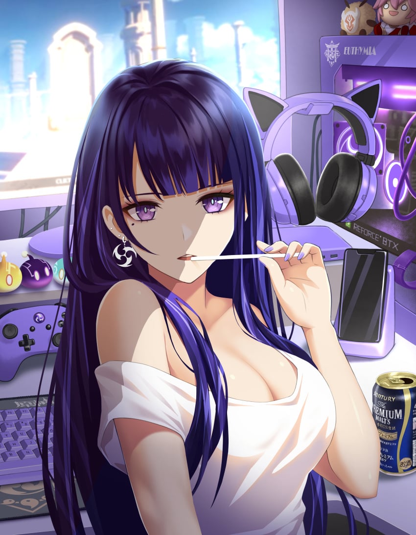 1girls absurdres alcohol alternate_costume beauty_mark beer breasts busty cat_ears cleavage clothing computer controller drink ear_piercing earrings female genshin_impact headphones hi_res hilichurl_(genshin_impact) hilichurls_(species) keyboard large_breasts looking_at_viewer mole mole_under_eye nail_polish off-shoulder_shirt off_shoulder phone purple_eyes purple_hair purple_nails raiden_shogun shirt slime smartphone sony_kisaragi stuffed_toy white_shirt