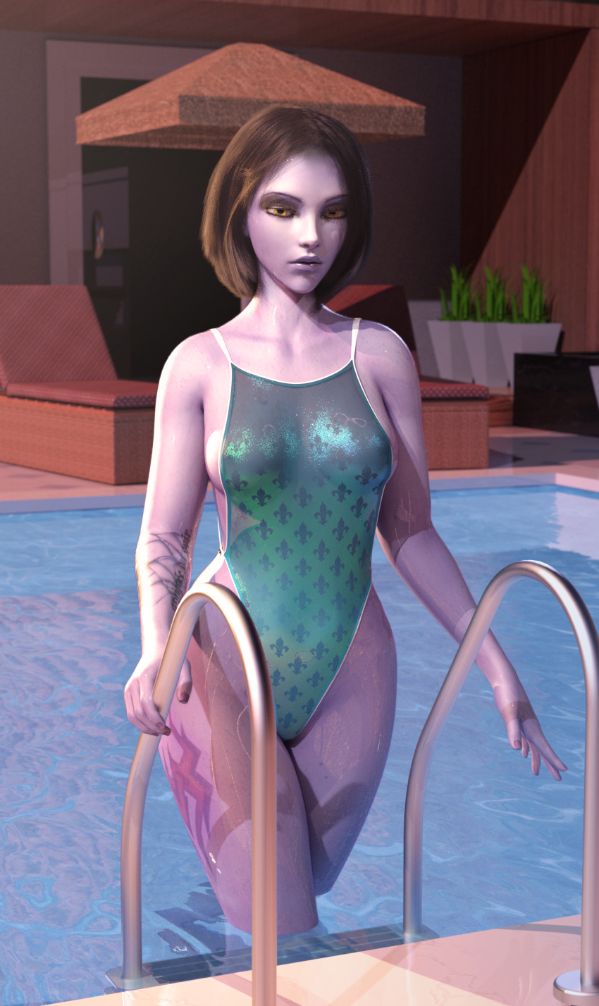 1girls 3d alternate_hairstyle amelie_lacroix blizzard_entertainment blue_skin bob_cut dark_blue_hair european eyeshadow female female_only french looking_at_viewer medium_breasts medium_hair mry one_piece_swimsuit overwatch petite pool poolside seductive_eyes seductive_look short_hair solo swimsuit wet widowmaker yellow_eyes