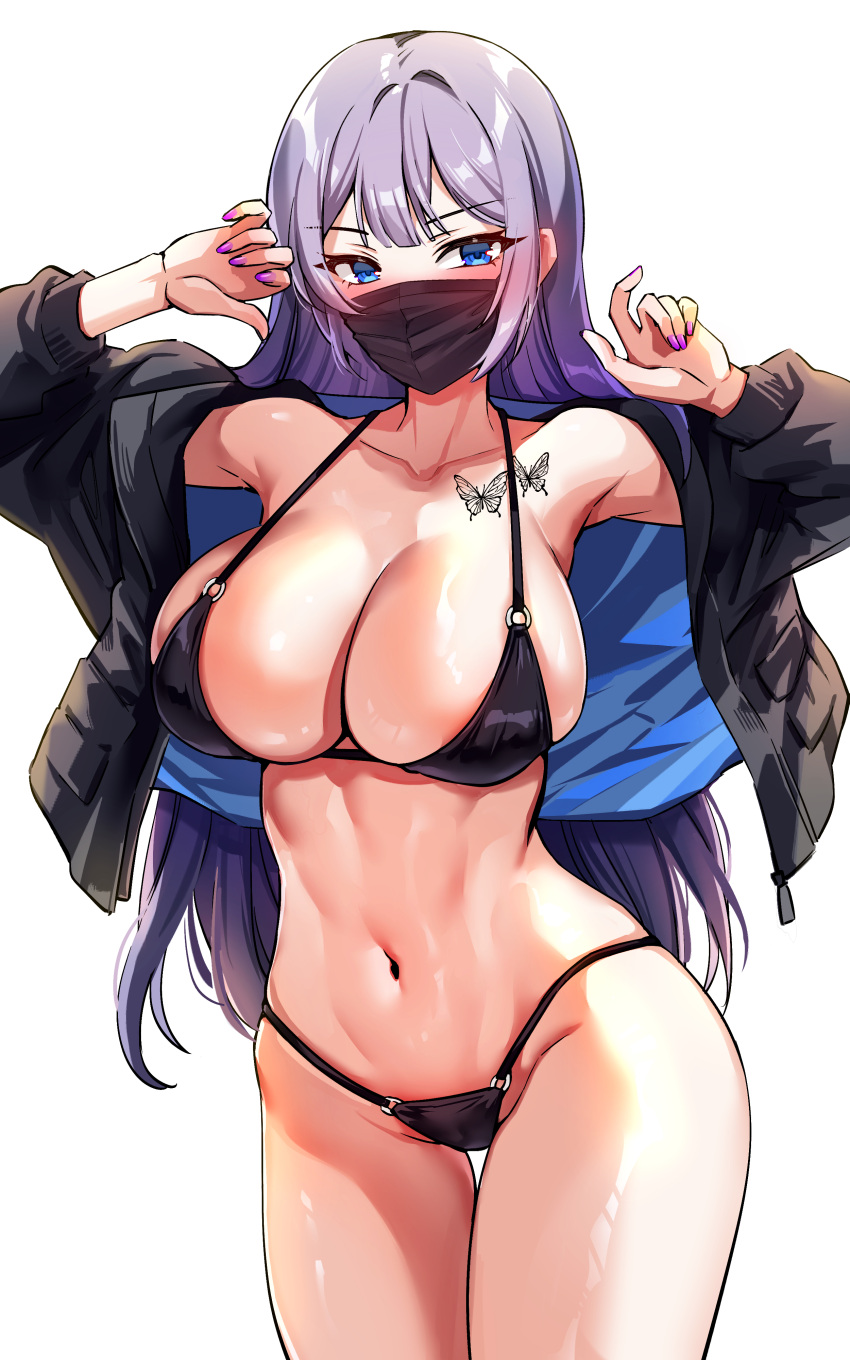 1girls 2021 armpits arms_up belly_button bikini black_bikini black_jacket blue_eyes blush breasts butterfly_tattoo chest_tattoo cleavage female female_focus female_only foxy_rain_(foxyreine) foxyrain_(foxyreine) foxyreine hi_res hips hourglass_figure huge_breasts jacket long_hair looking_at_viewer mask nail_polish open_jacket original original_character painted_nails purple_hair purple_nails sideboob simple_background slim_waist tattoo thick_thighs thigh_gap thighs very_long_hair white_background wide_hips yuna_(biya)