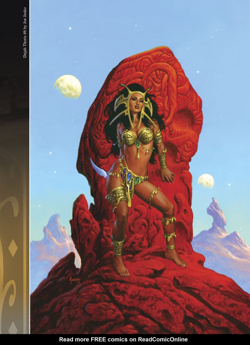 1girls a_princess_of_mars anklet barefoot barsoom bikini_top black_hair cleavage dejah_thoris headdress joe_jusko john_carter_of_mars large_breasts loincloth long_hair mars martian official_art royalty