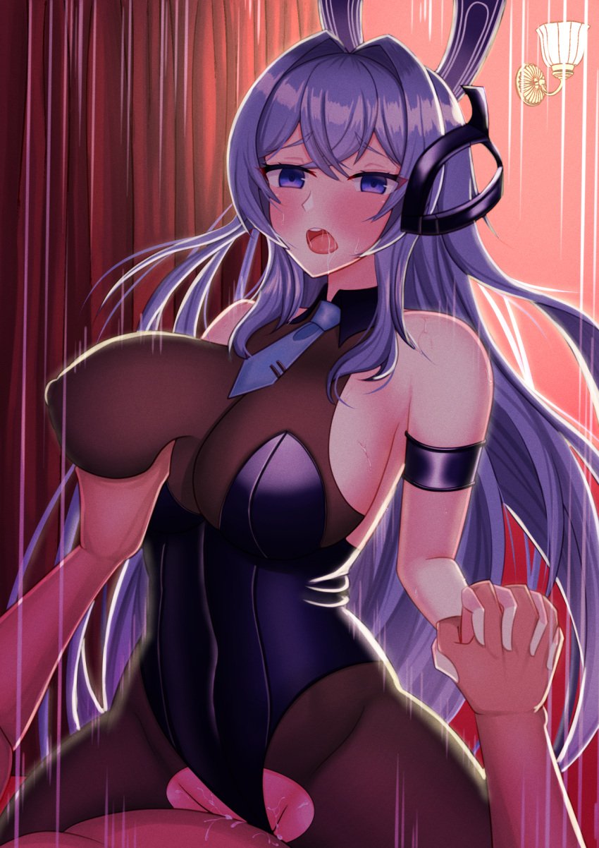 1boy animal_ears arm_strap azur_lane bangs blush bodystocking breast_grab breasts cowgirl_position crossed_bangs fake_animal_ears female grabbing highres holding_hands impossible_clothes indoors keyword lamp large_breasts leotard new_jersey_(azur_lane) new_jersey_(exhilarating_steps!)_(azur_lane) official_alternate_costume open_mouth playboy_bunny purple_eyes purple_hair purple_leotard rabbit_ears sex skin_tight straddling straight strapless strapless_leotard torn_bodystocking torn_clothes vaginal_penetration