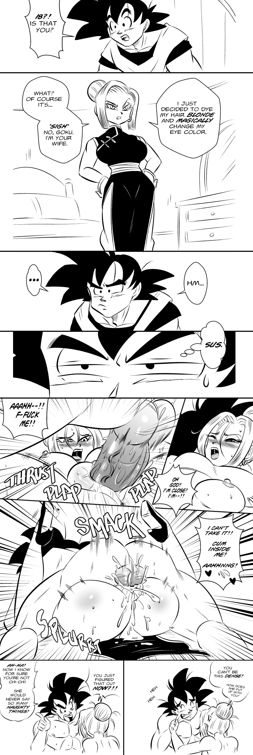 9koma android_18 areolae ass big_breasts black_hair breasts cheating cheating_husband comic cum cum_in_pussy dragon_ball dragon_ball_super dragon_ball_z dress earrings english_text funny funsexydragonball hair hair_bun heterosexual high_heels himbo humanoid_penis humor instant_loss instant_loss_2koma line_art mating_press milf monochrome muscular muscular_male netorare nipples penis saiyan sex son_goku straight testicles text vaginal_penetration voluptuous