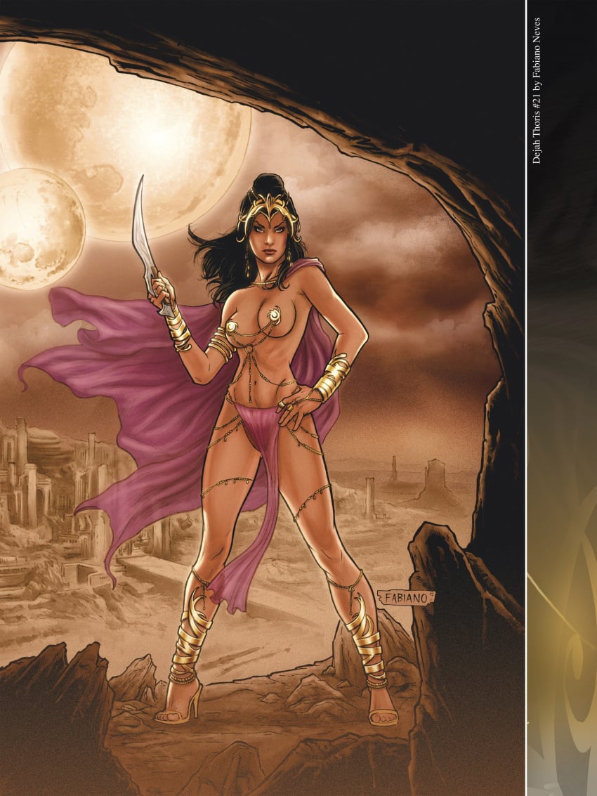 a_princess_of_mars armlet barsoom black_hair bracelet cape dejah_thoris fabiano_neves fit_female gold_(metal) gold_heels gold_pasties hand_on_hip headdress high_heels john_carter_of_mars large_breasts loincloth long_hair martian official_art pasties rings royalty shoulder_armor