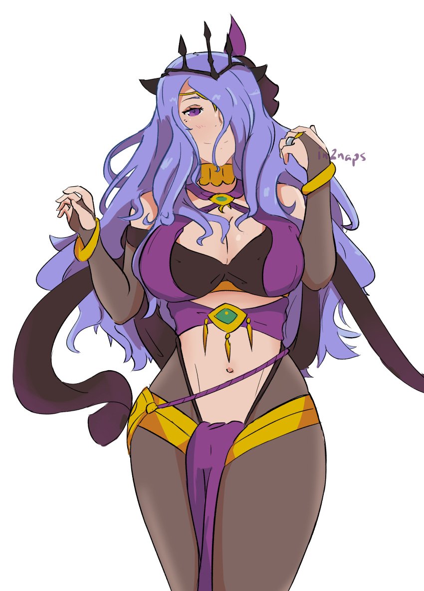 1girls alternate_costume bodystocking camilla_(fire_emblem) camilla_(light_of_nohr)_(fire_emblem) cleavage cosplay crown dancer dorothea_arnault_(cosplay) dorothea_arnault_(plegian)_(cosplay) fire_emblem fire_emblem_fates fire_emblem_heroes hair_over_one_eye horns in2naps large_breasts long_hair looking_at_viewer nintendo plegian purple_eyes purple_hair ring smile solo thick_thighs very_long_hair white_background wide_hips