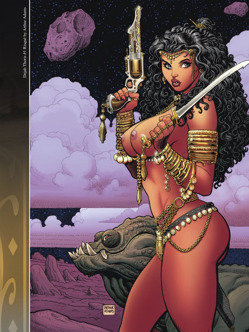 a_princess_of_mars armlet arthur_adams barsoom belt blue_eyes bracelet dejah_thoris fit_female gold_chain gold_jewelry holding_gun holding_knife holding_weapon john_carter_of_mars large_breasts loincloth martian monster official_art perky_breasts royalty side_view topless voluptuous