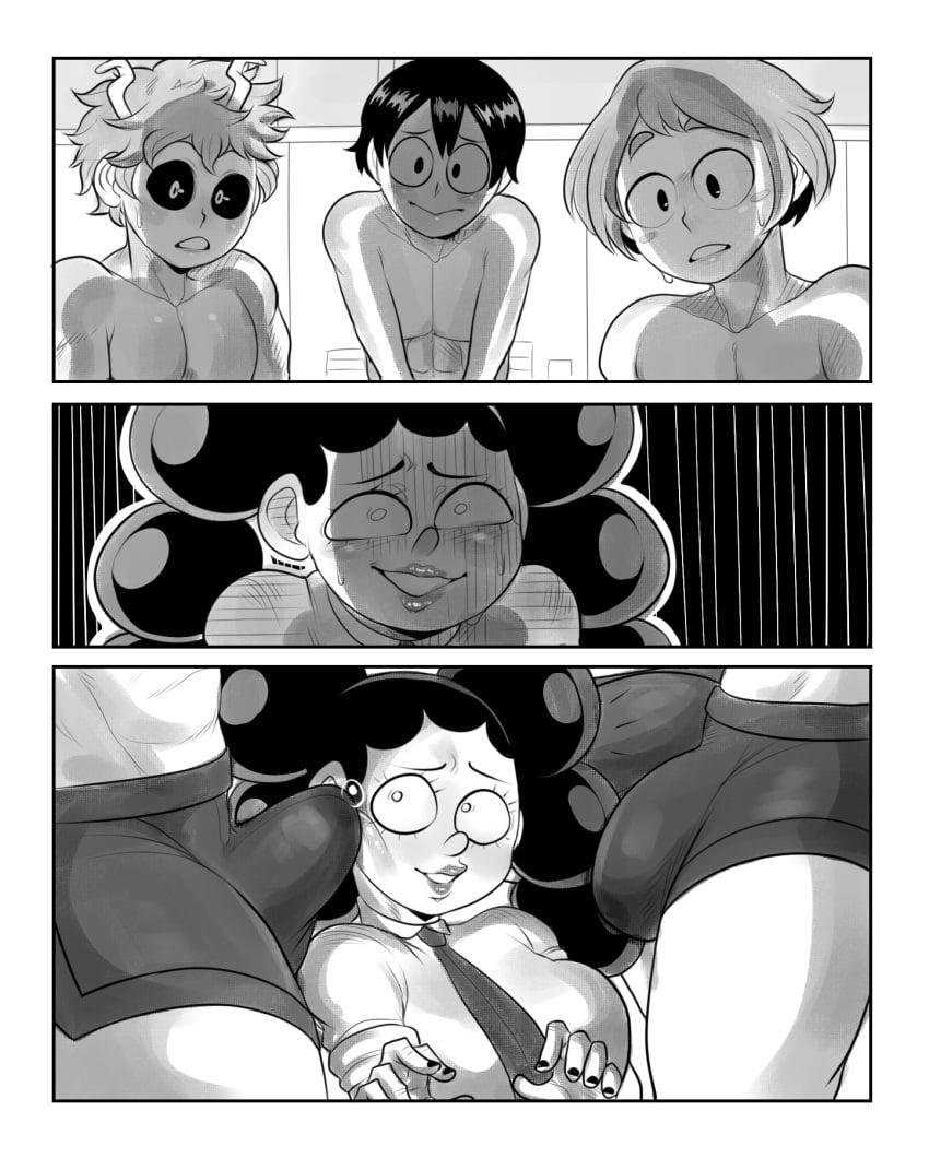 1girls 3boys boner boner_in_pants bulge_through_clothing cock_hungry comic detnox doujinshi erection erection_under_clothes female_mineta female_pervert genderswap_(ftm) genderswap_(mtf) greyscale group mina_ashido minoru_minene minoru_mineta monochrome my_hero_academia ochako_uraraka rule_63 shortstack tsuyu_asui