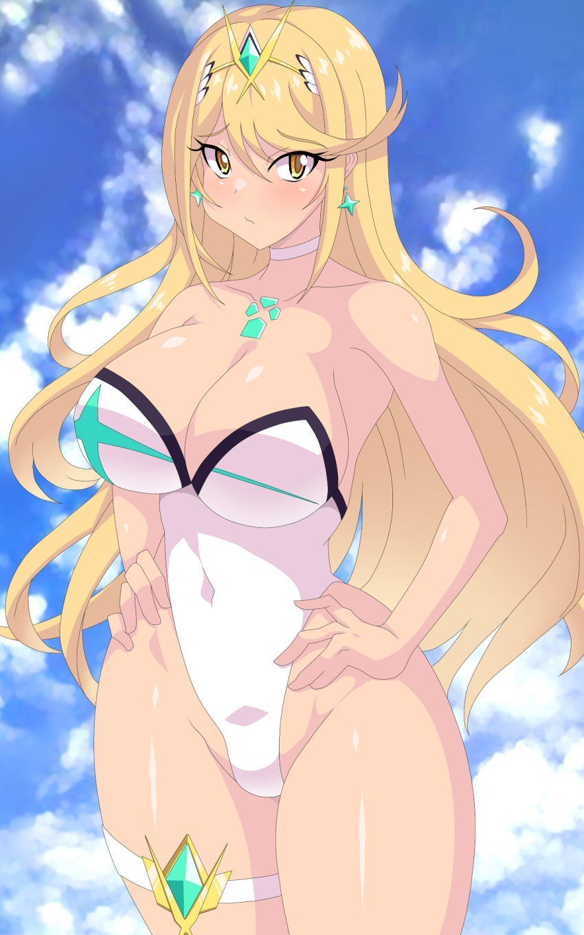 1girls alternate_costume blonde_hair breasts earrings female hands_on_hips kihaiu kiharu long_hair looking_at_viewer mythra nintendo outdoors outside solo swimsuit white_skin xenoblade_(series) xenoblade_chronicles_2 yellow_eyes