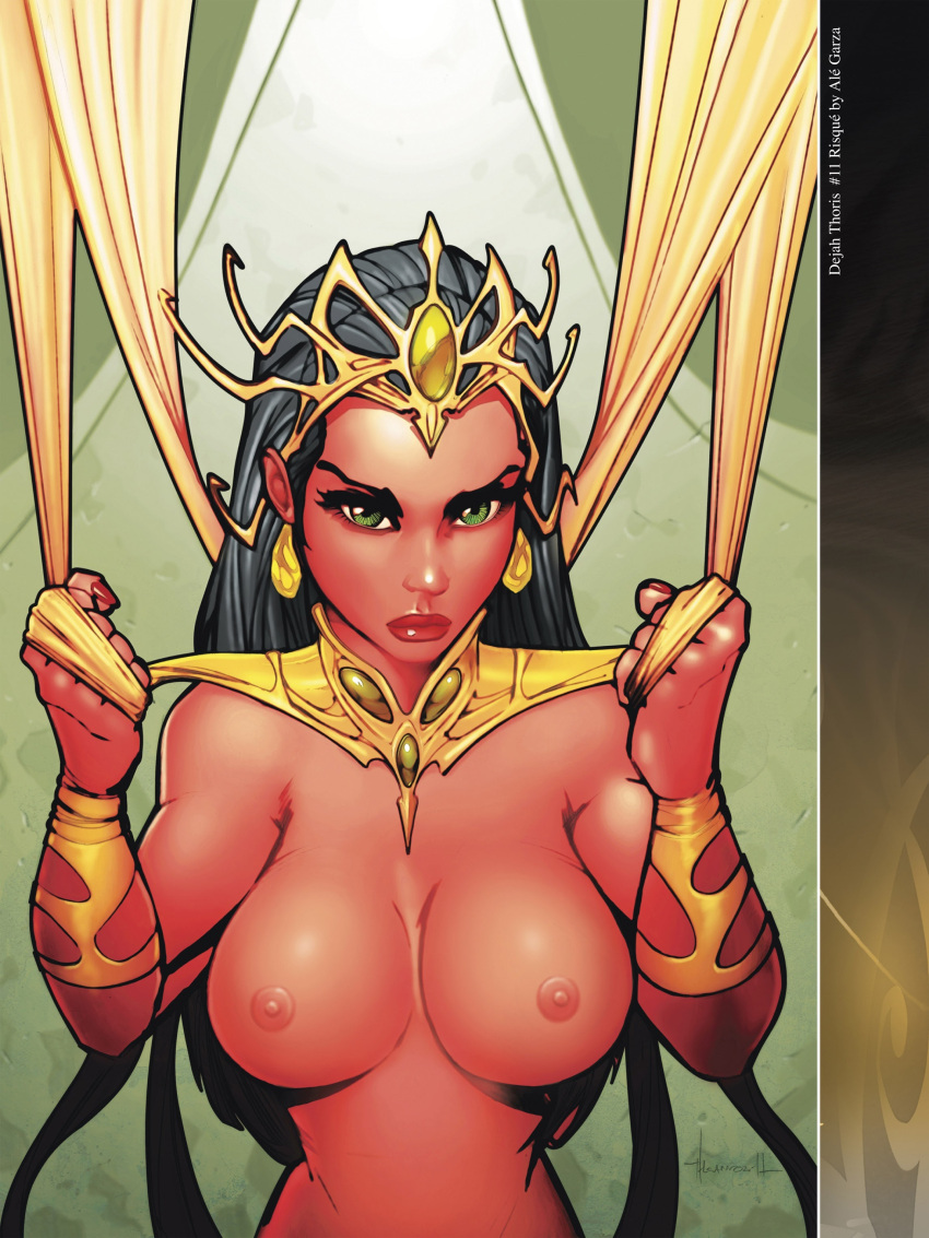 1girls a_princess_of_mars ale_garza barsoom black_hair dejah_thoris fists green_eyes headdress hourglass_figure john_carter_of_mars large_breasts long_hair looking_at_viewer martian official_art pink_skin royalty