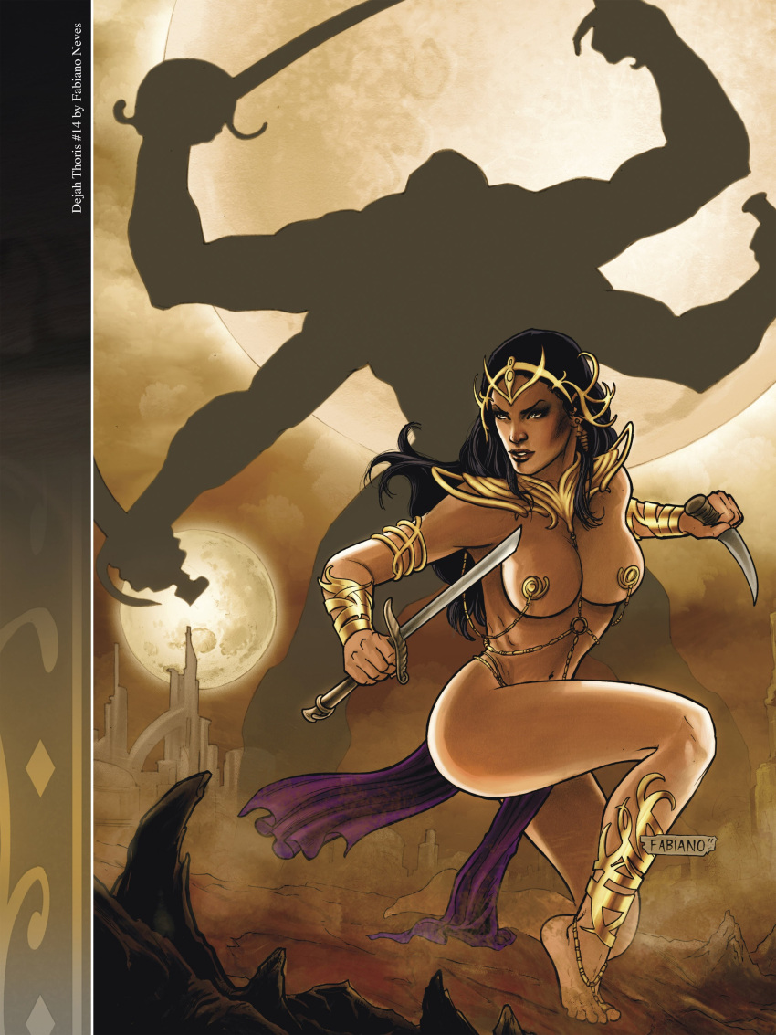 4_arms a_princess_of_mars action_pose armlet barefoot barsoom black_hair bracelet broken_sword dejah_thoris fabiano_neves fit_female gold_pasties green_martian gun headdress holding_gun holding_sword holding_weapon john_carter_of_mars kneeling large_breasts larger_male loincloth long_hair martian multi_arm multi_limb official_art pasties royalty shoulder_armor silhouette size_difference smaller_female