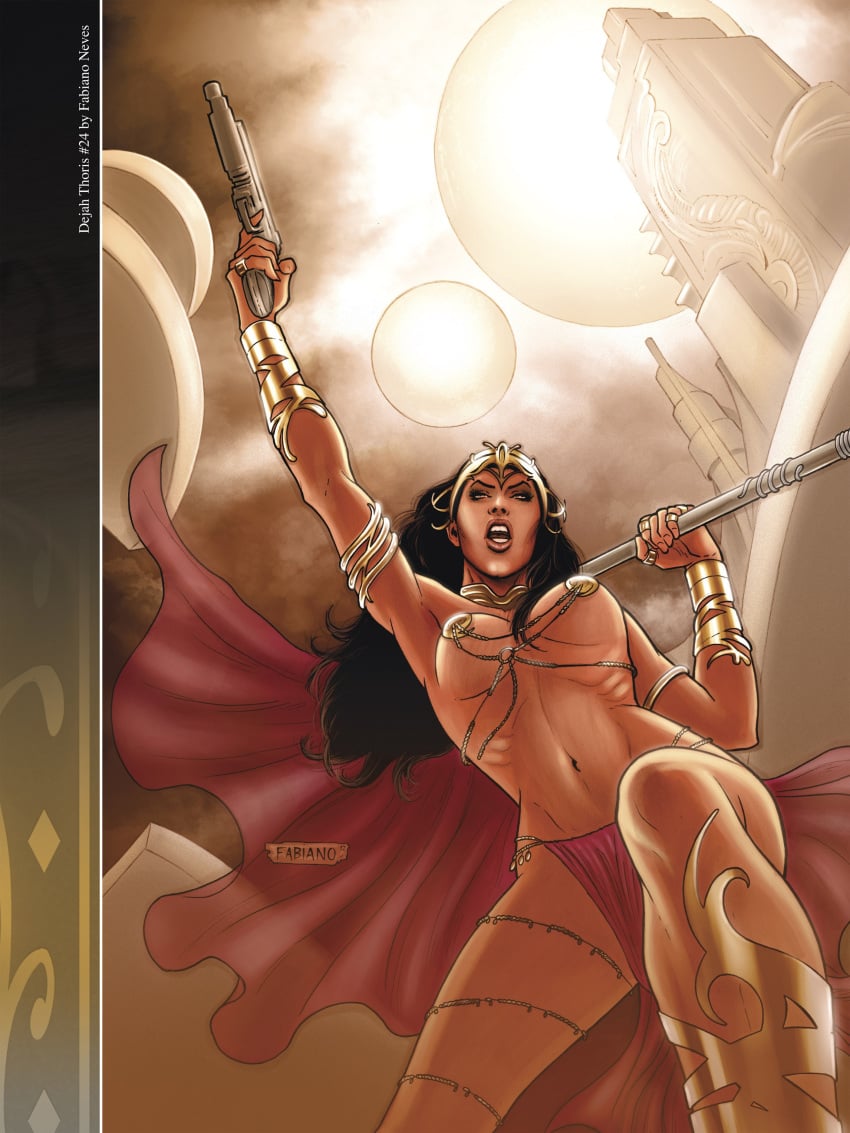 1girls a_princess_of_mars armlet armpits barsoom black_hair bracelet brown_eyes cape dejah_thoris fabiano_neves fit_female gold_pasties gun headdress holding_gun holding_spear holding_weapon jewelry john_carter_of_mars large_breasts loincloth long_hair martian official_art pasties rings royalty shoulder_armor shouting spear thick_thighs underboob viewed_from_below voluptuous