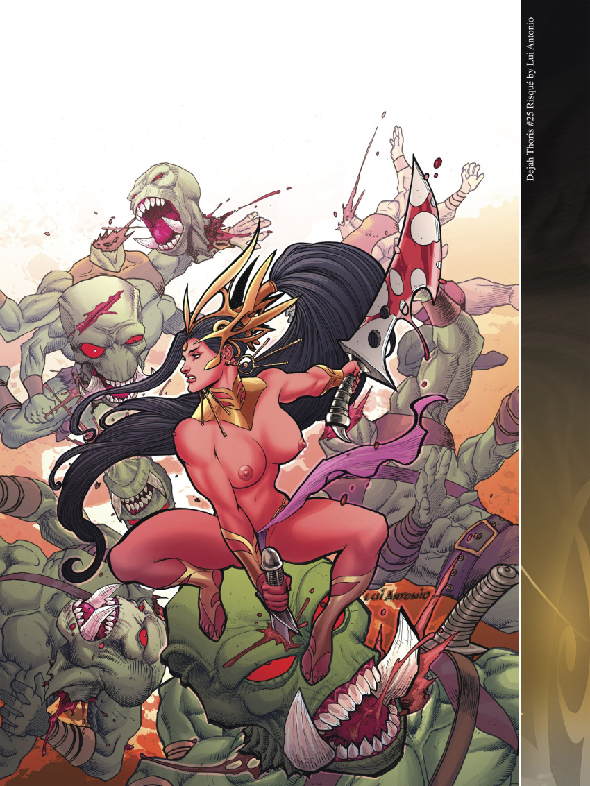 1girls a_princess_of_mars action_pose barsoom black_hair decapitation dejah_thoris fight fit_female holding_weapon hourglass_figure john_carter_of_mars jumping large_breasts loincloth loincloth_up long_hair lui_antonio martian pink_hair ponytail royalty stabbing thick_thighs