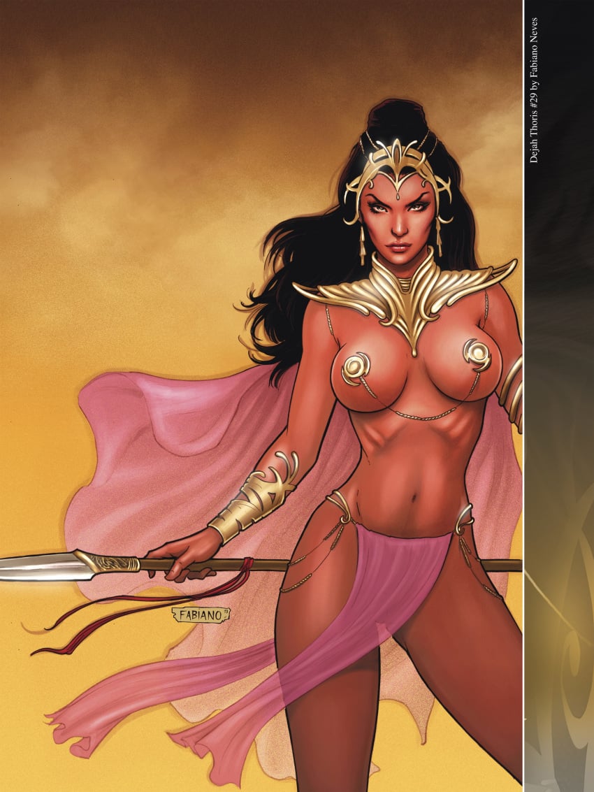 1girls a_princess_of_mars armlet barsoom black_hair bracelet brown_eyes cape dejah_thoris fabiano_neves fit_female gold_pasties headdress holding_spear holding_weapon hourglass_figure jewelry john_carter_of_mars large_breasts loincloth long_hair martian official_art pasties rings royalty shoulder_armor spear thick_thighs voluptuous