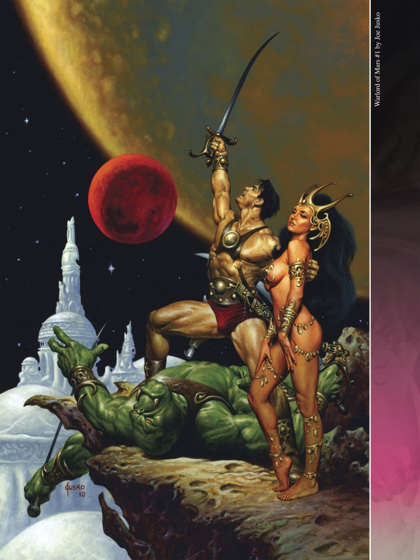 1boy 1boy1girl 1girls a_princess_of_mars anklet armlet barsoom bikini_bottom black_hair bracelet briefs bulge chest_hair dejah_thoris gold_pasties headdress holding_sword holding_weapon joe_jusko john_carter_of_mars kneeling large_breasts leglet lizard loincloth long_hair martian official_art pasties practically_nude red_briefs royalty sandals sword voluptuous