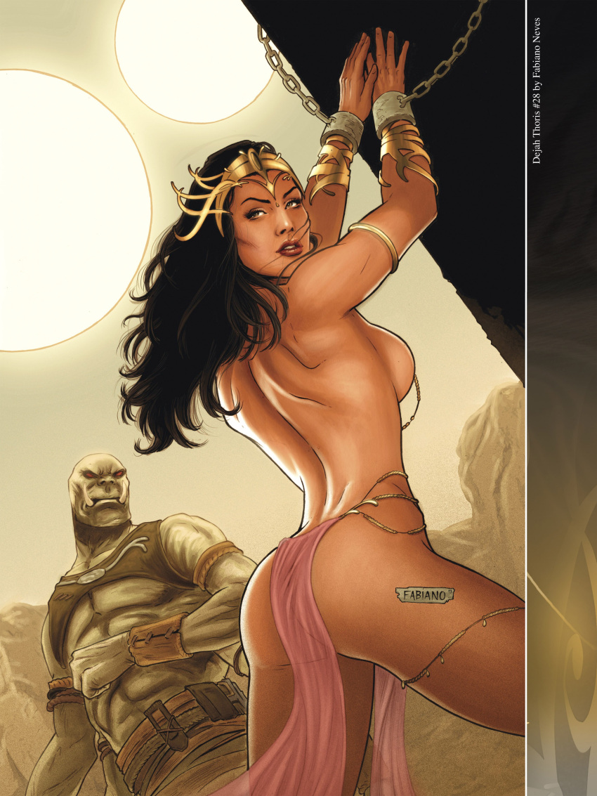 1girls 4_arms a_princess_of_mars alien armlet arms_above_head arms_up ass backboob barsoom big_dom_small_sub black_hair bondage bound_wrists bracelet brown_eyes bubble_butt captured chained defeated dejah_thoris enslaved_royal fabiano_neves fit_female gold_pasties green_martian headdress jewelry john_carter_of_mars large_breasts larger_male loincloth long_hair looking_back martian multi_arm multi_limb official_art pasties rear_view rings royalty shackles shoulder_armor size_difference slave smaller_female thick_thighs wrist_cuffs