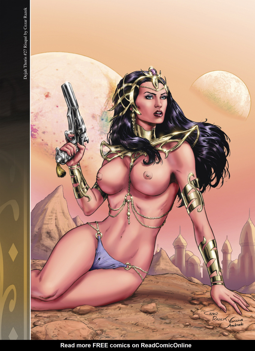 1girls a_princess_of_mars armlet barsoom belly_chain bikini_bottom black_hair blue_eyes bracelet cezar_razek dejah_thoris female female_only gun headdress holding_gun holding_weapon john_carter_of_mars large_breasts long_hair martian official_art pink_skin royalty solo topless vinicius_andrade voluptuous