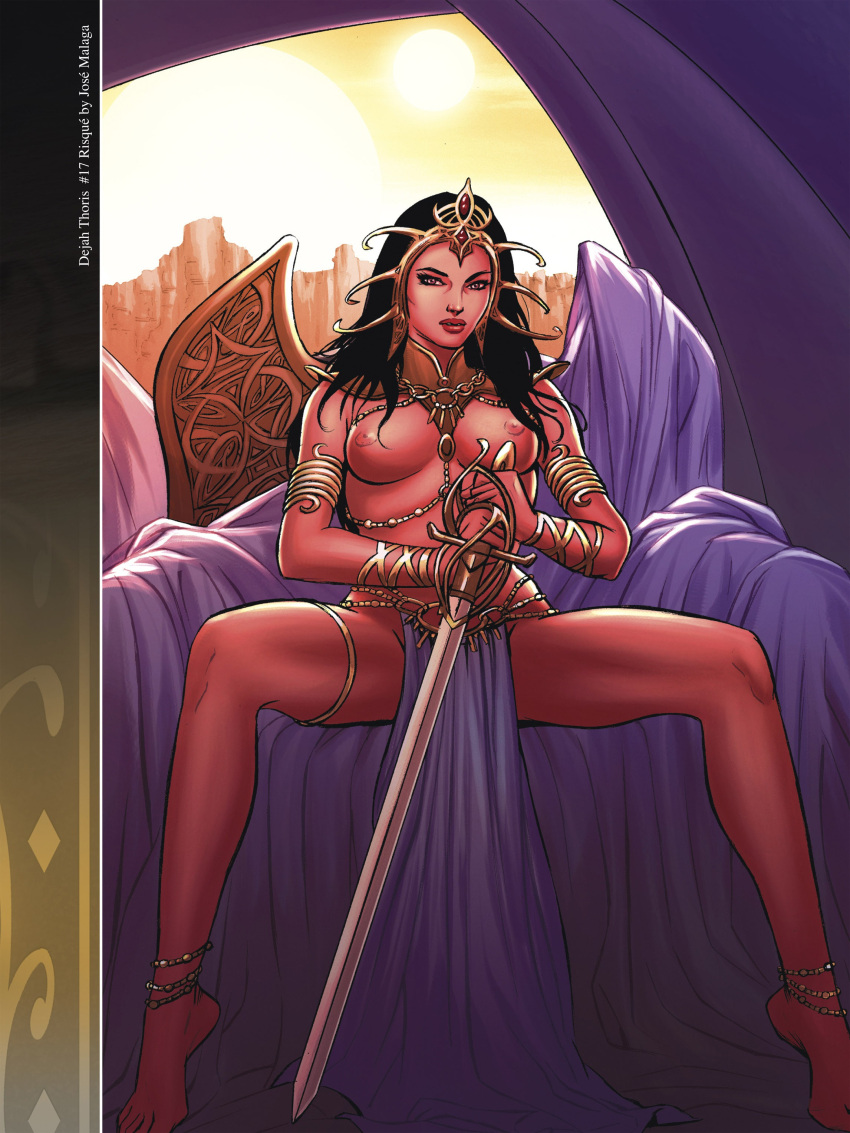 1girls a_princess_of_mars armlet barsoom black_hair bracelet brown_eyes dejah_thoris holding_sword john_carter_of_mars jose_malaga large_breasts loincloth long_hair looking_at_viewer martian official_art royalty shoulder_armor sitting sword topless