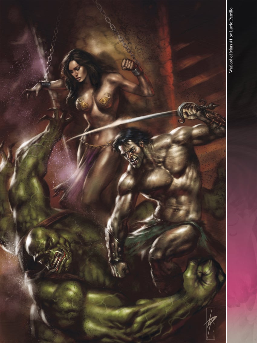 1boy 1boy1girl 1girls 4_arms a_princess_of_mars alien armlet armpits barsoom black_hair bracelet bridal_carry canon_couple carrying carrying_partner chained chained_to_wall dejah_thoris fight gold_pasties green_eyes high_heels hourglass_figure joe_jusko john_carter john_carter_of_mars loincloth long_hair looking_at_viewer lucio_parrillo martian medium_breasts multi_arm multi_limb muscular_male official_art pasties punch rescue royalty voluptuous wrist_cuffs