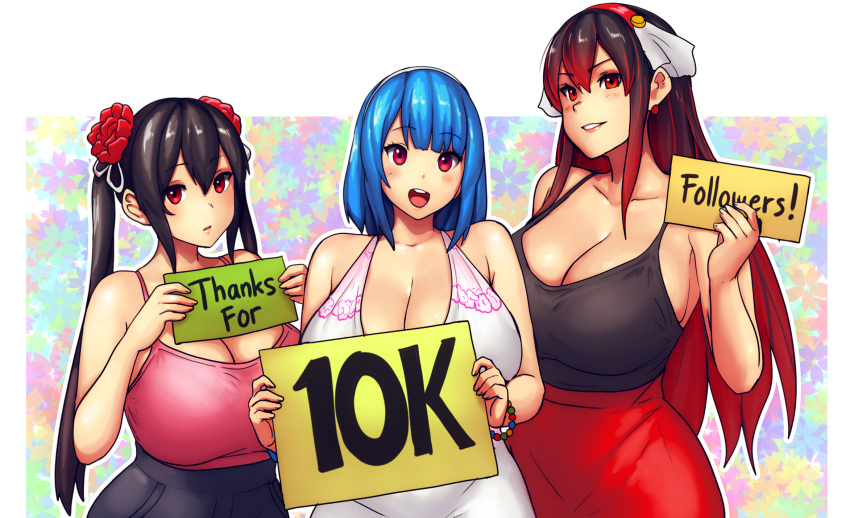 3girls bangs bare_shoulders black_camisole black_hair blue_hair blunt_bangs blush breasts bursting_breasts camisole cleavage dress earrings english_text errorkazoo eye_contact eyebrows_visible_through_hair facing_viewer female flower_hair_ornament gradient_hair hair_between_eyes hair_ornament hairband hands_up hi_res holding holding_sign huge_breasts jewelry karinka_katyusha_(errorkazoo) long_hair long_twintails looking_at_viewer matching_hair/eyes matching_hair_and_eye_color matching_hair_and_eyes medium_hair milestone_celebration multicolored_hair multiple_females multiple_girls open_mouth original original_characters outline parted_lips pink_camisole red_eyes red_hair red_rose red_skirt rina_atherina_(errorkazoo) sign skirt smile smiling_at_viewer standing thank_you trio twintails upper_body very_long_hair white_dress white_outline yukihana_(errorkazoo)