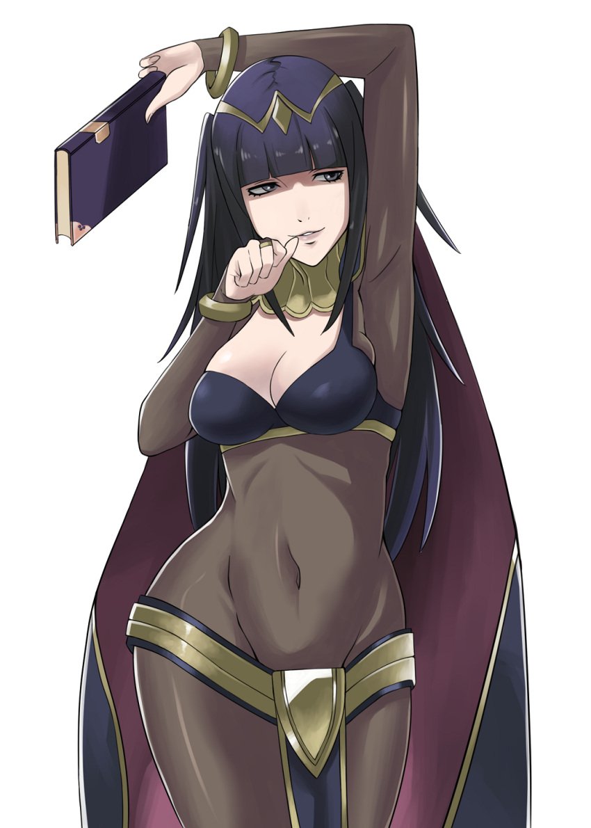 armpits bangs black_hair blunt_bangs bodystocking bodysuit book bracelet breasts bridal_gauntlets cape cleavage clothing covered_navel crown female fire_emblem fire_emblem_awakening hartman_hips headwear high_resolution j@ck jewelry light_background long_hair medium_breasts milf nintendo one_arm_up parted_lips pixiv_id_7735685 purple_eyes sidelocks simple_background smile solo tharja_(fire_emblem) tiara two_side_up white_background