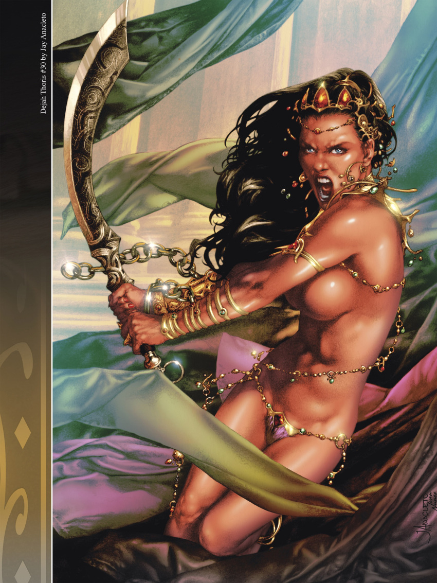 1girls a_princess_of_mars angry armlet barsoom belly_chain bikini_bottom black_hair blue_eyes bracelet dejah_thoris fit_female gold_chain hair_jewelry headdress holding_sword holding_weapon ivan_nunes jay_anacleto john_carter_of_mars large_breasts lizard long_hair martian official_art pink_skin royalty shouting sword topless voluptuous